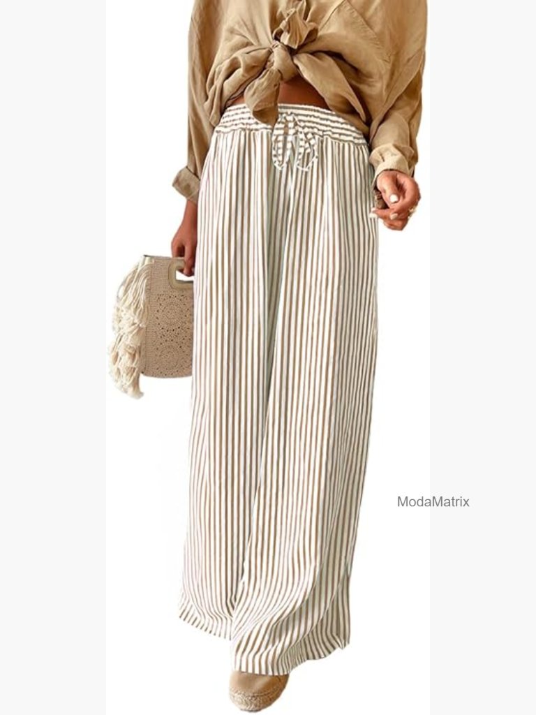 Casual Drawstring Elastic Waist Striped Wide Leg Pants With Pockets S-Xxl